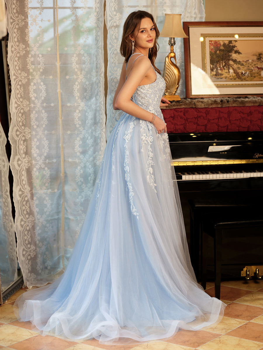 A-Line/Princess Tulle Spaghetti Straps Applique Long Formal Dresses