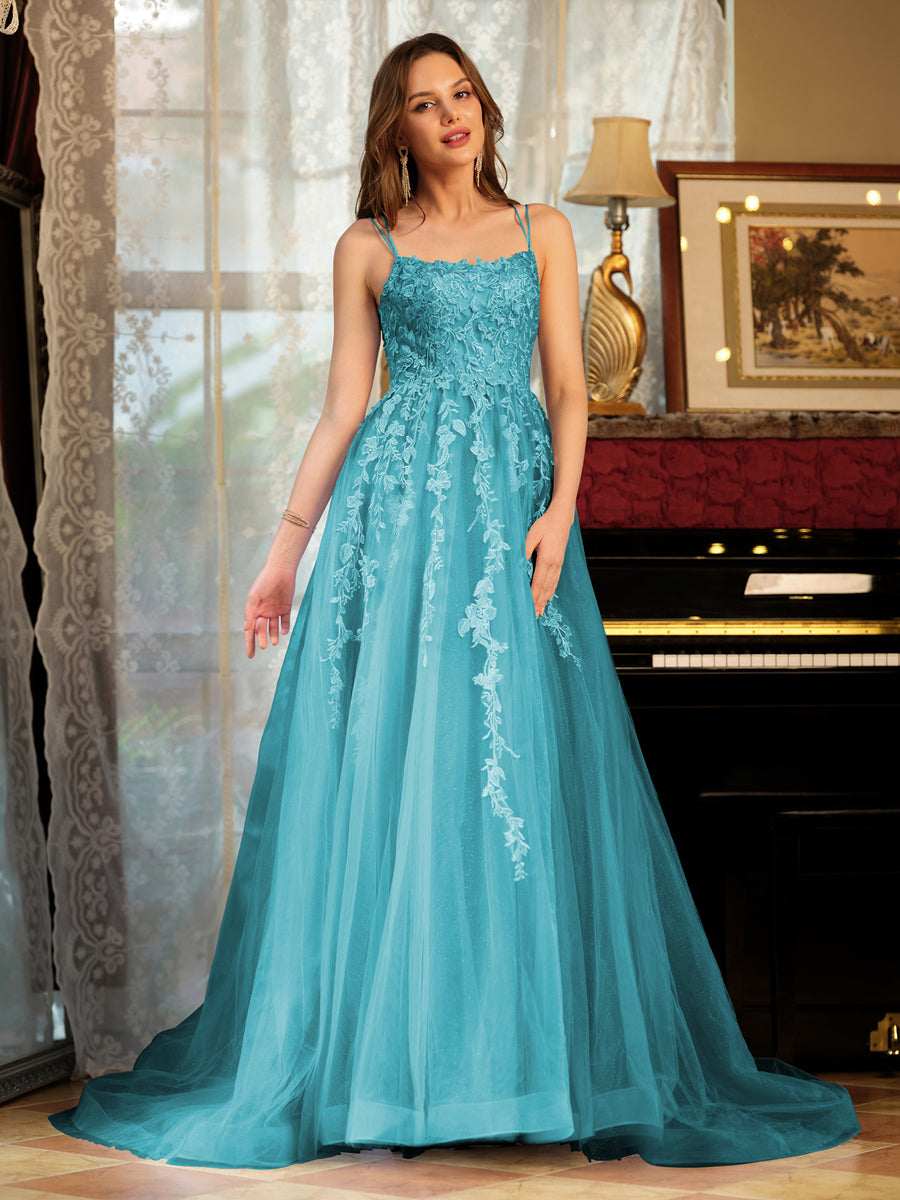 A-Line/Princess Tulle Spaghetti Straps Applique Long Formal Dresses