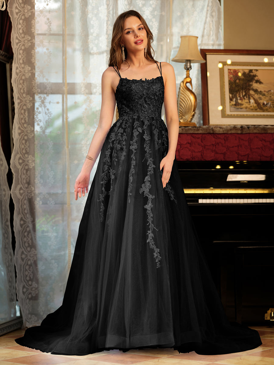 A-Line/Princess Tulle Spaghetti Straps Applique Long Formal Dresses