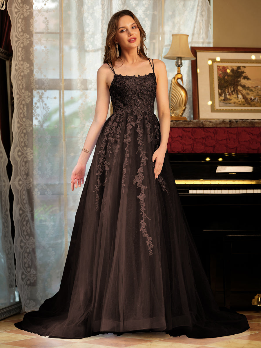 A-Line/Princess Tulle Spaghetti Straps Applique Long Formal Dresses