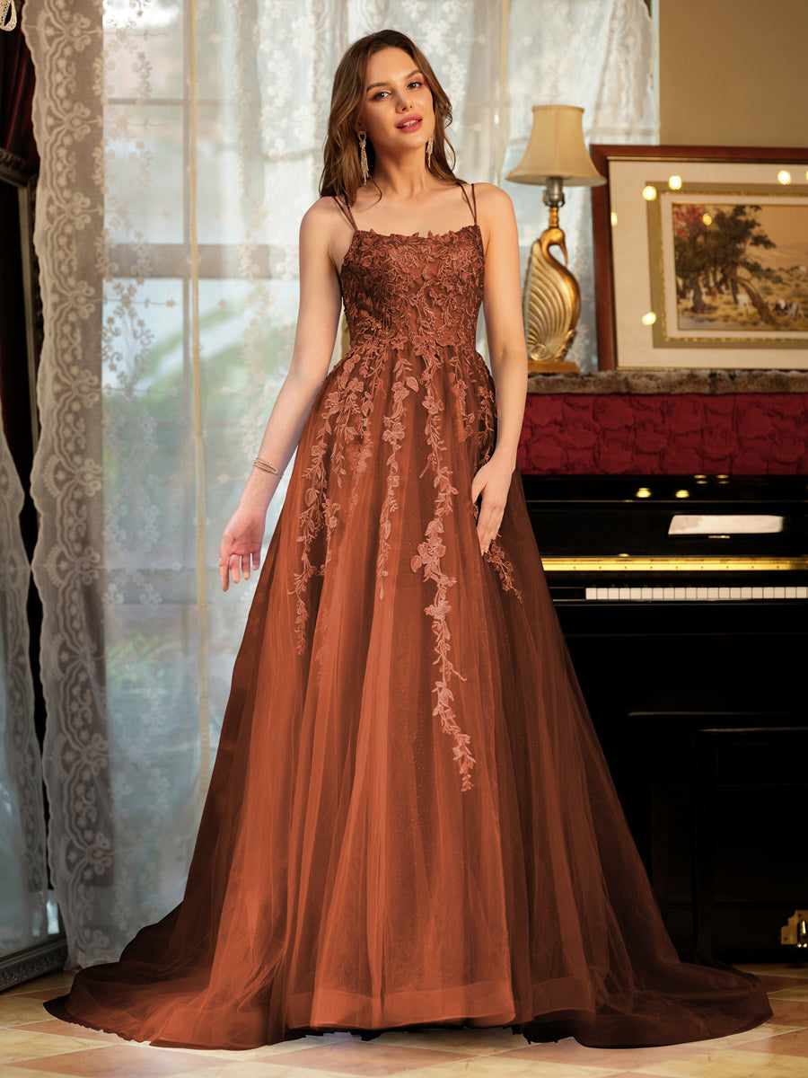 A-Line/Princess Tulle Spaghetti Straps Applique Long Formal Dresses