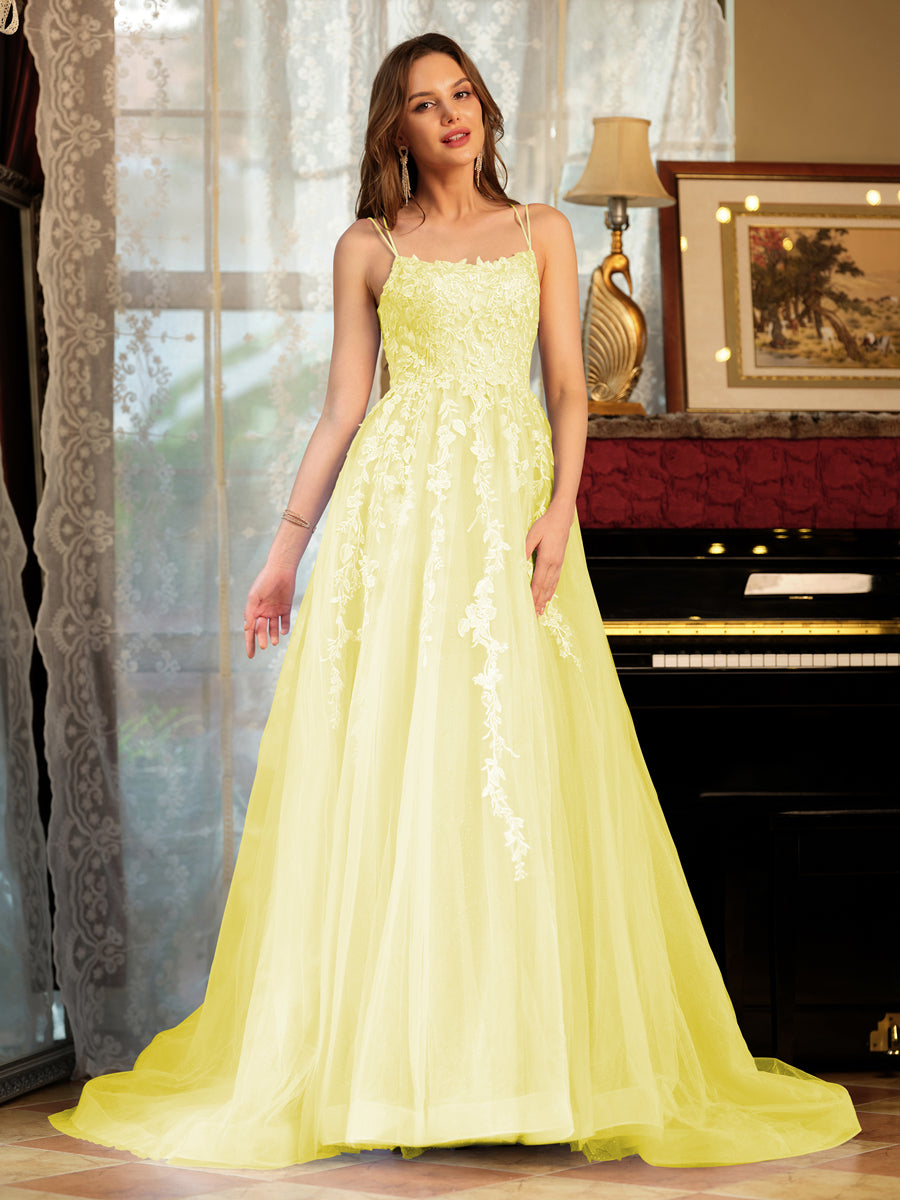 A-Line/Princess Tulle Spaghetti Straps Applique Long Formal Dresses