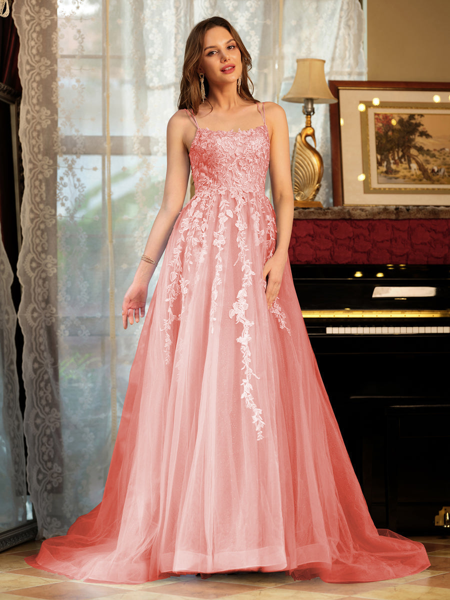 A-Line/Princess Tulle Spaghetti Straps Applique Long Formal Dresses