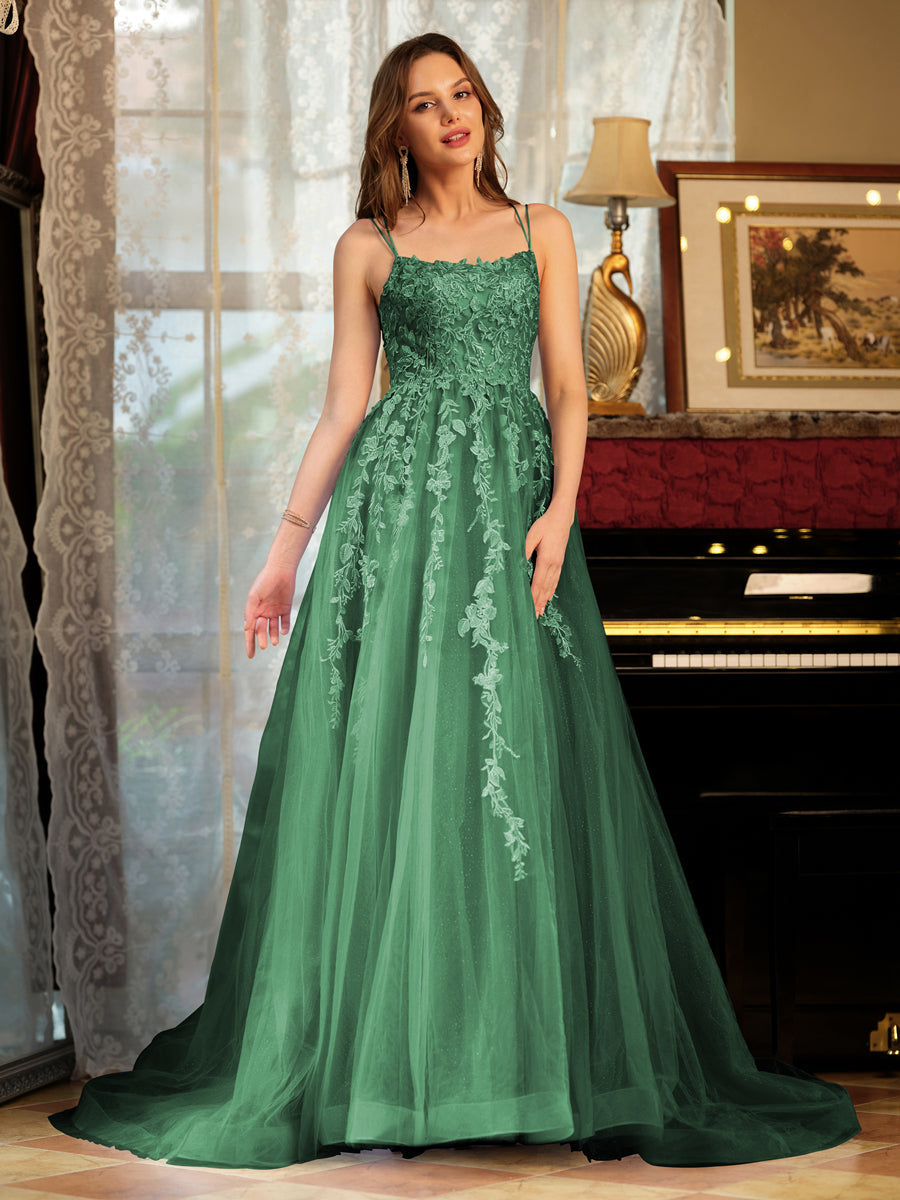 A-Line/Princess Tulle Spaghetti Straps Applique Long Formal Dresses