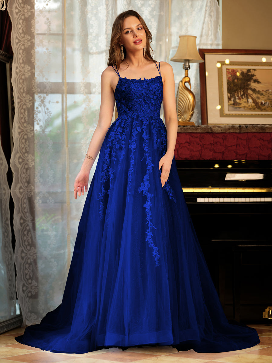A-Line/Princess Tulle Spaghetti Straps Applique Long Formal Dresses