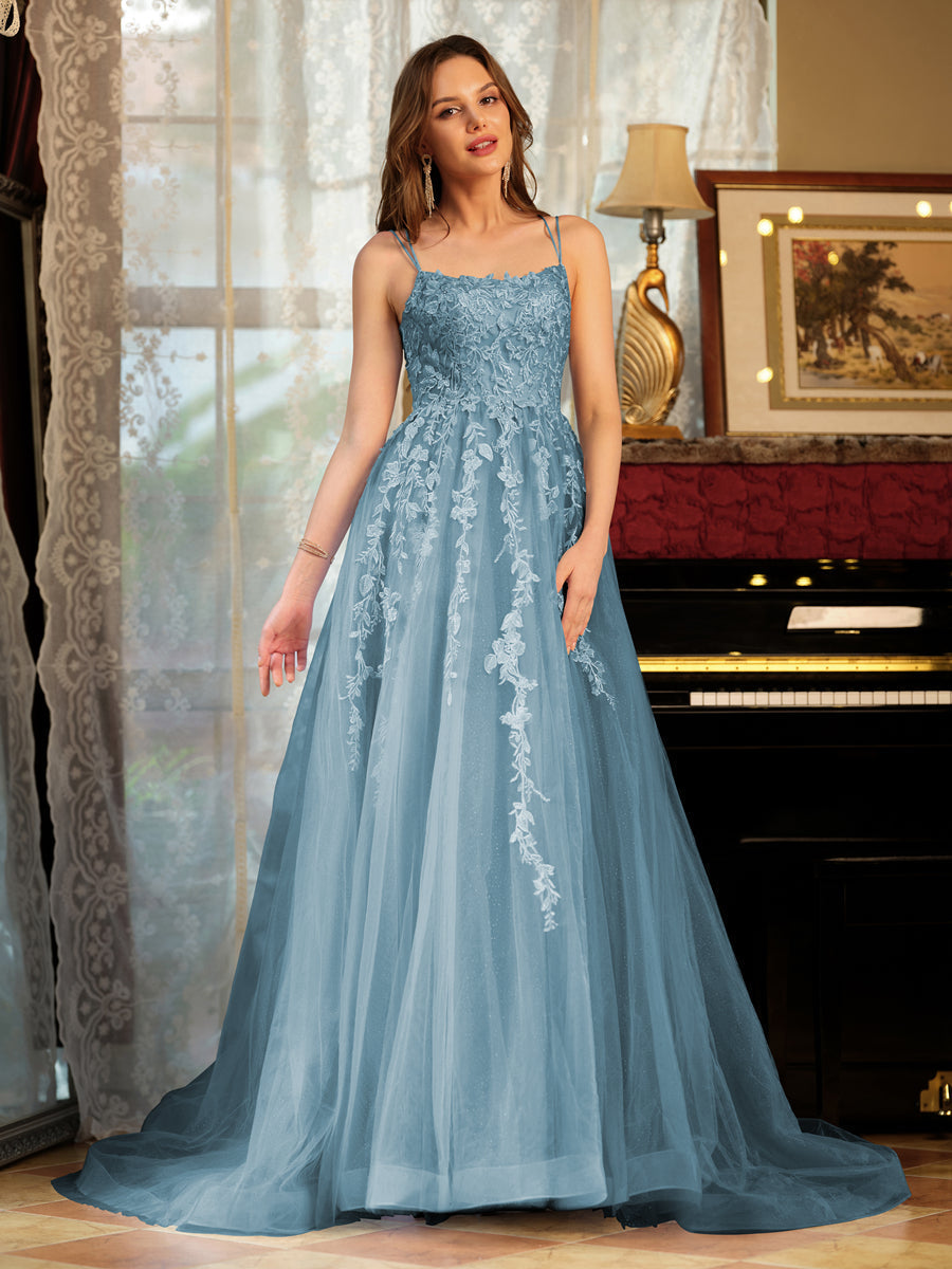 A-Line/Princess Tulle Spaghetti Straps Applique Long Formal Dresses