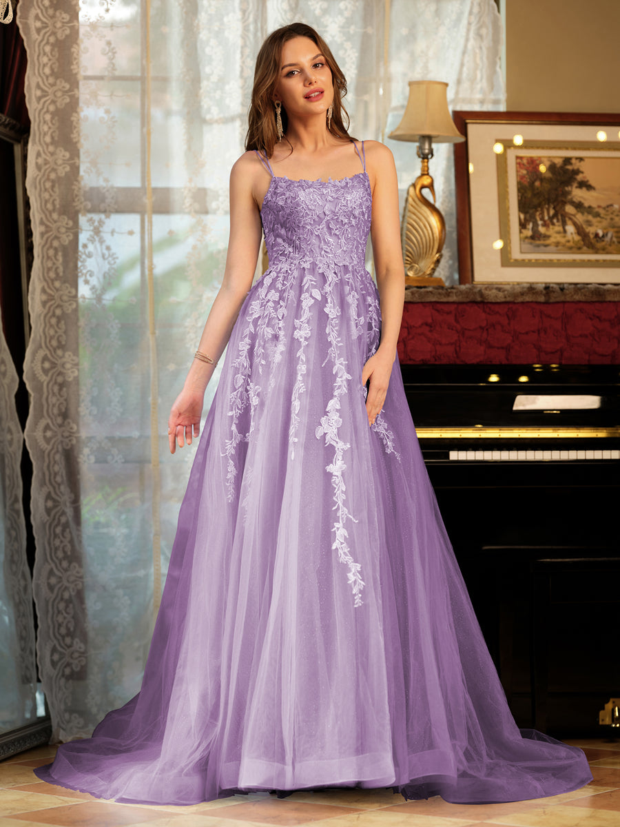 A-Line/Princess Tulle Spaghetti Straps Applique Long Formal Dresses
