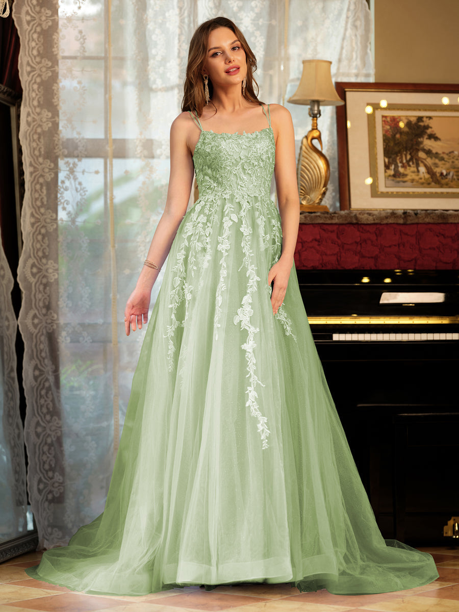 A-Line/Princess Tulle Spaghetti Straps Applique Long Formal Dresses