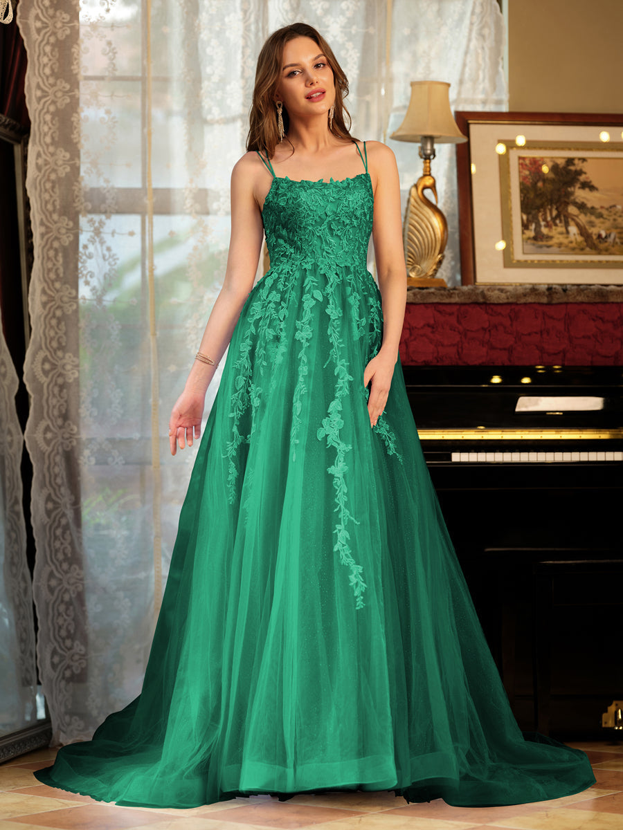 A-Line/Princess Tulle Spaghetti Straps Applique Long Formal Dresses