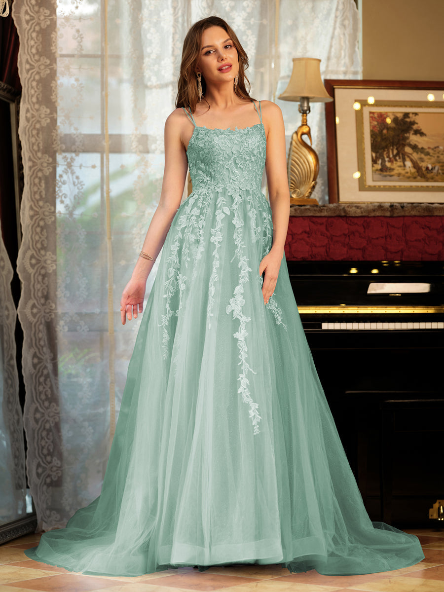 A-Line/Princess Tulle Spaghetti Straps Applique Long Formal Dresses