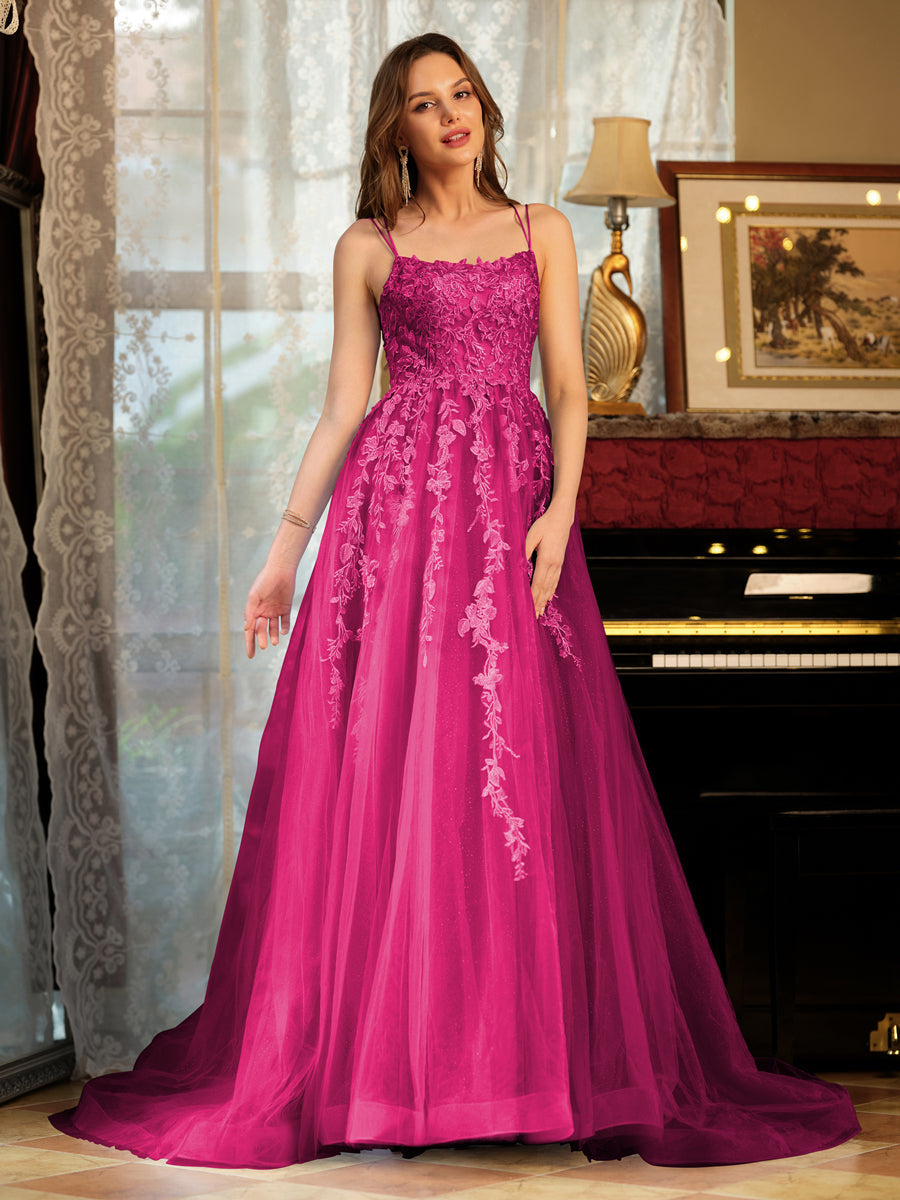 A-Line/Princess Tulle Spaghetti Straps Applique Long Formal Dresses