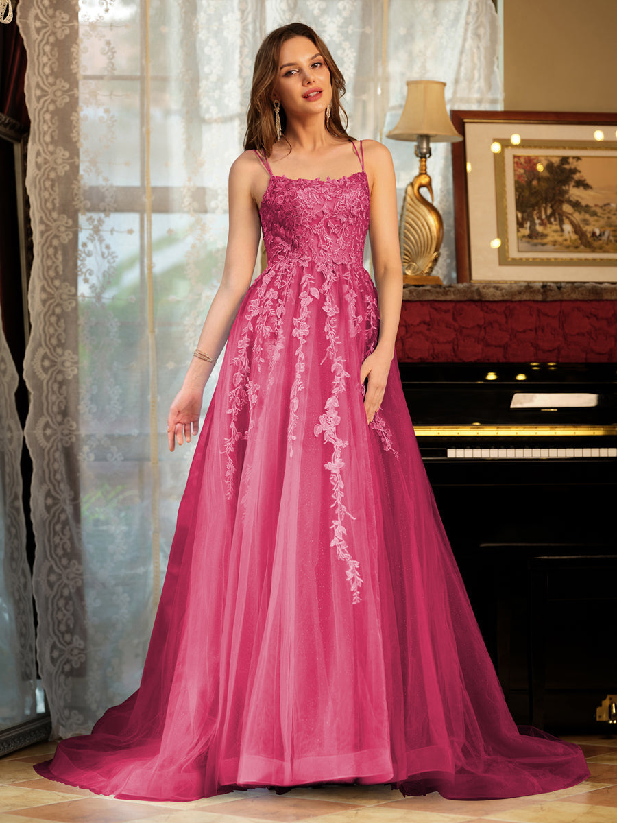 A-Line/Princess Tulle Spaghetti Straps Applique Long Formal Dresses