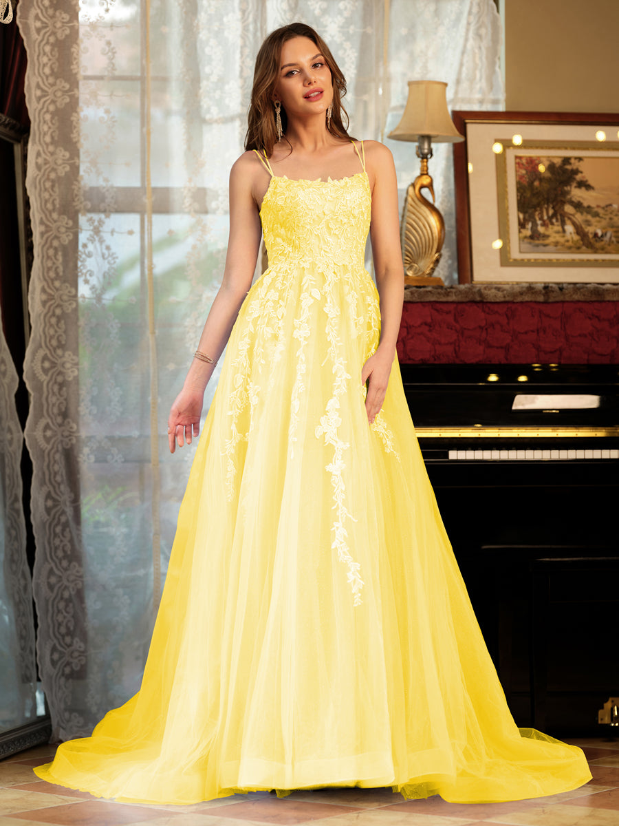 A-Line/Princess Tulle Spaghetti Straps Applique Long Formal Dresses