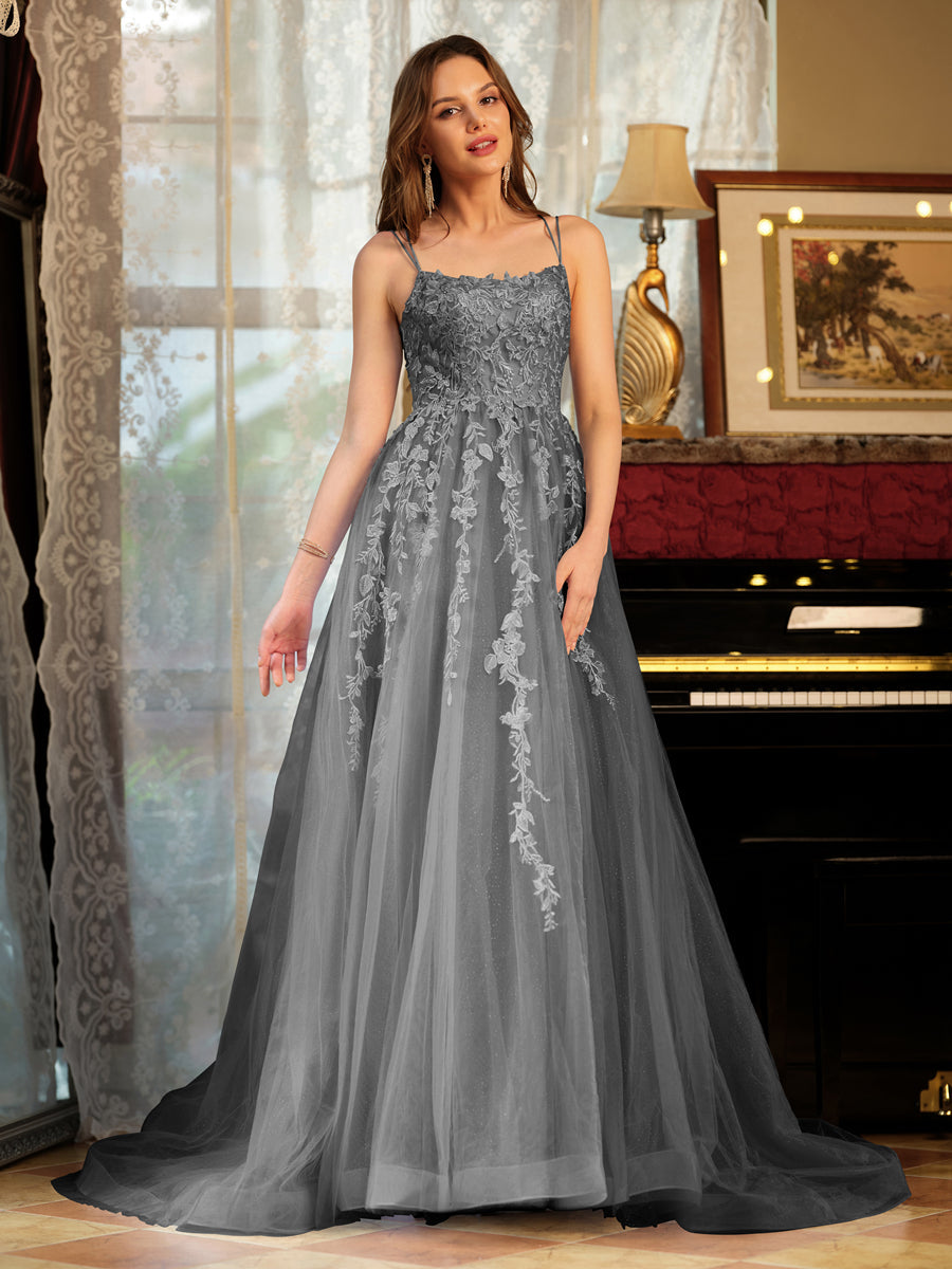 A-Line/Princess Tulle Spaghetti Straps Applique Long Formal Dresses