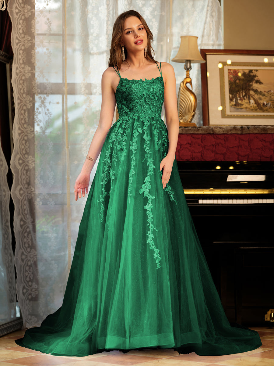 A-Line/Princess Tulle Spaghetti Straps Applique Long Formal Dresses