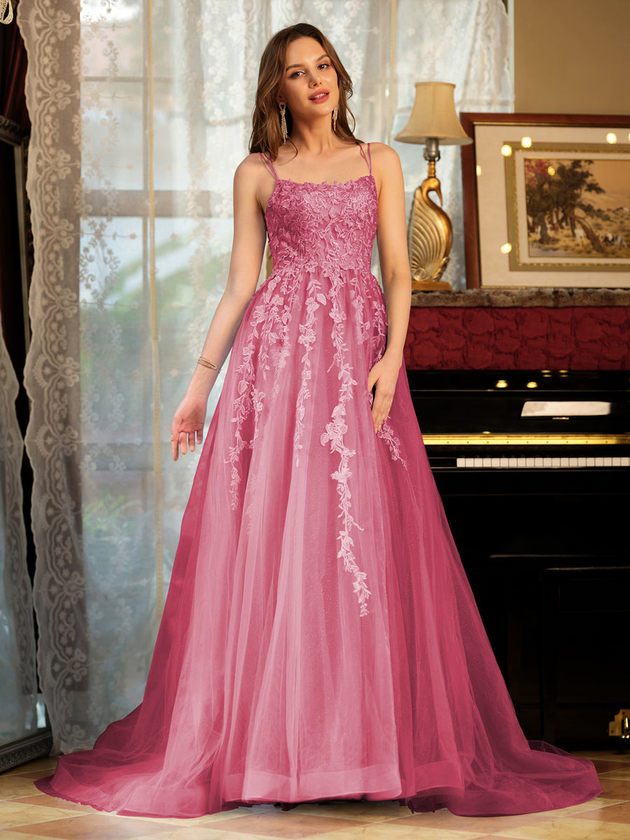 A-Line/Princess Tulle Spaghetti Straps Applique Long Formal Dresses