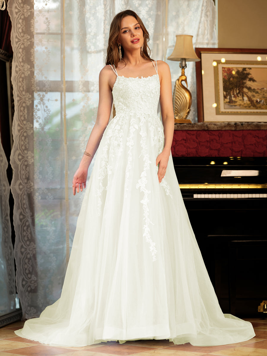 A-Line/Princess Tulle Spaghetti Straps Applique Long Formal Dresses