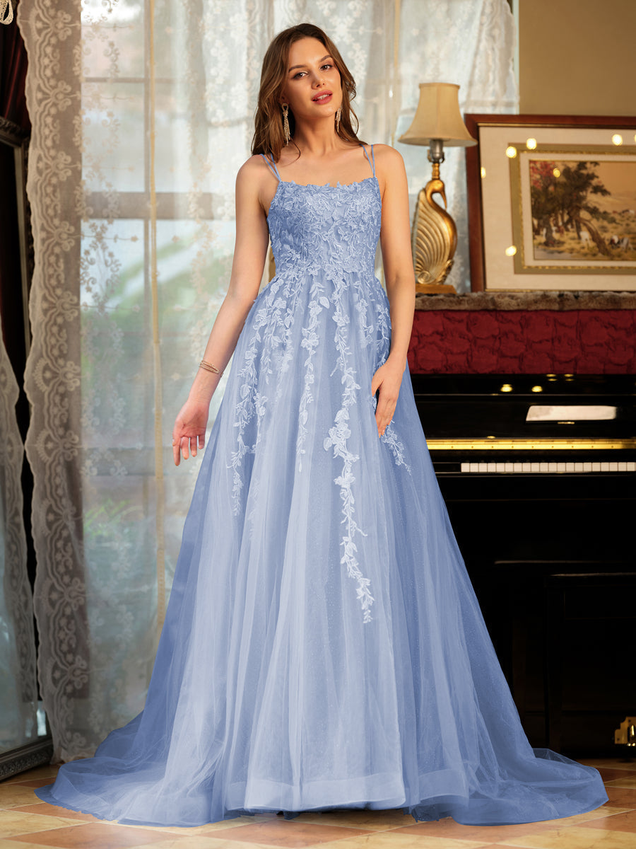 A-Line/Princess Tulle Spaghetti Straps Applique Long Formal Dresses