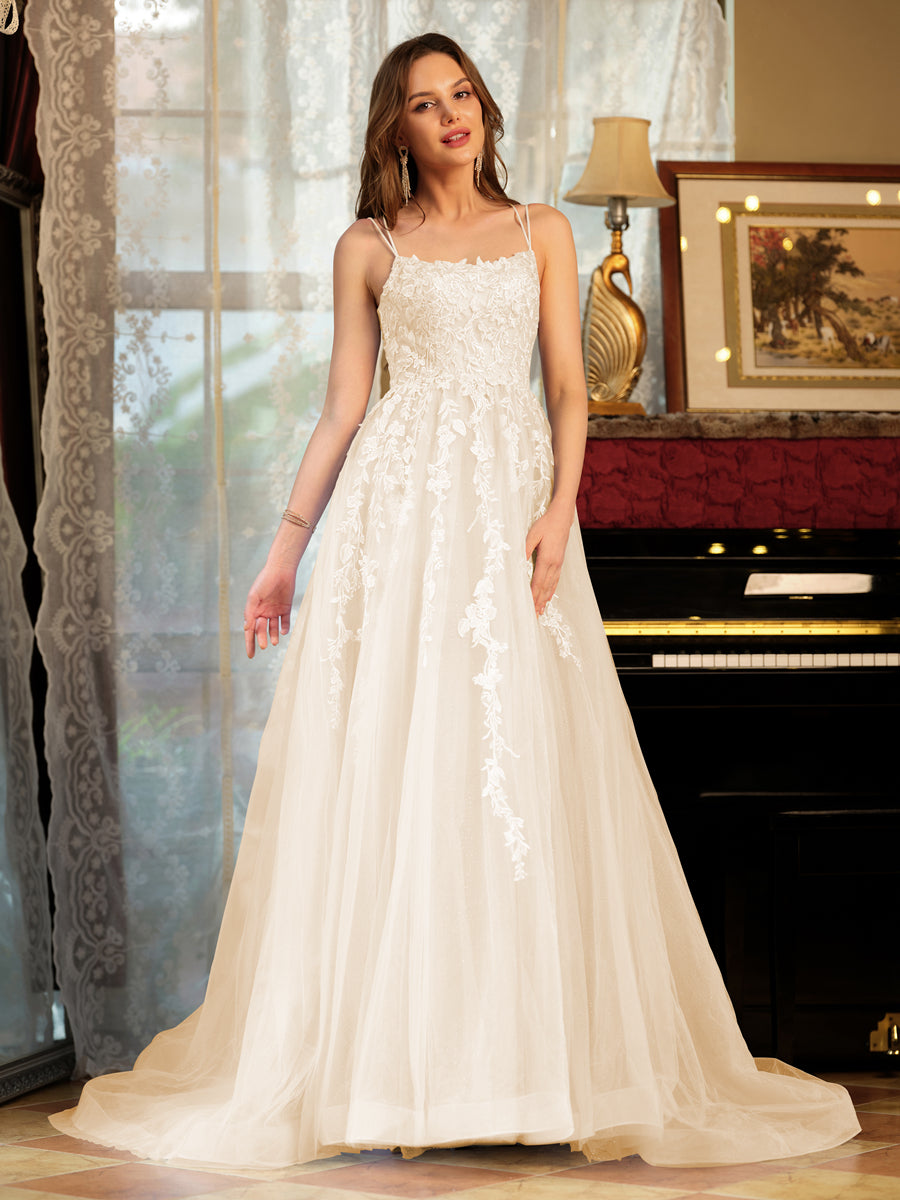 A-Line/Princess Tulle Spaghetti Straps Applique Long Formal Dresses