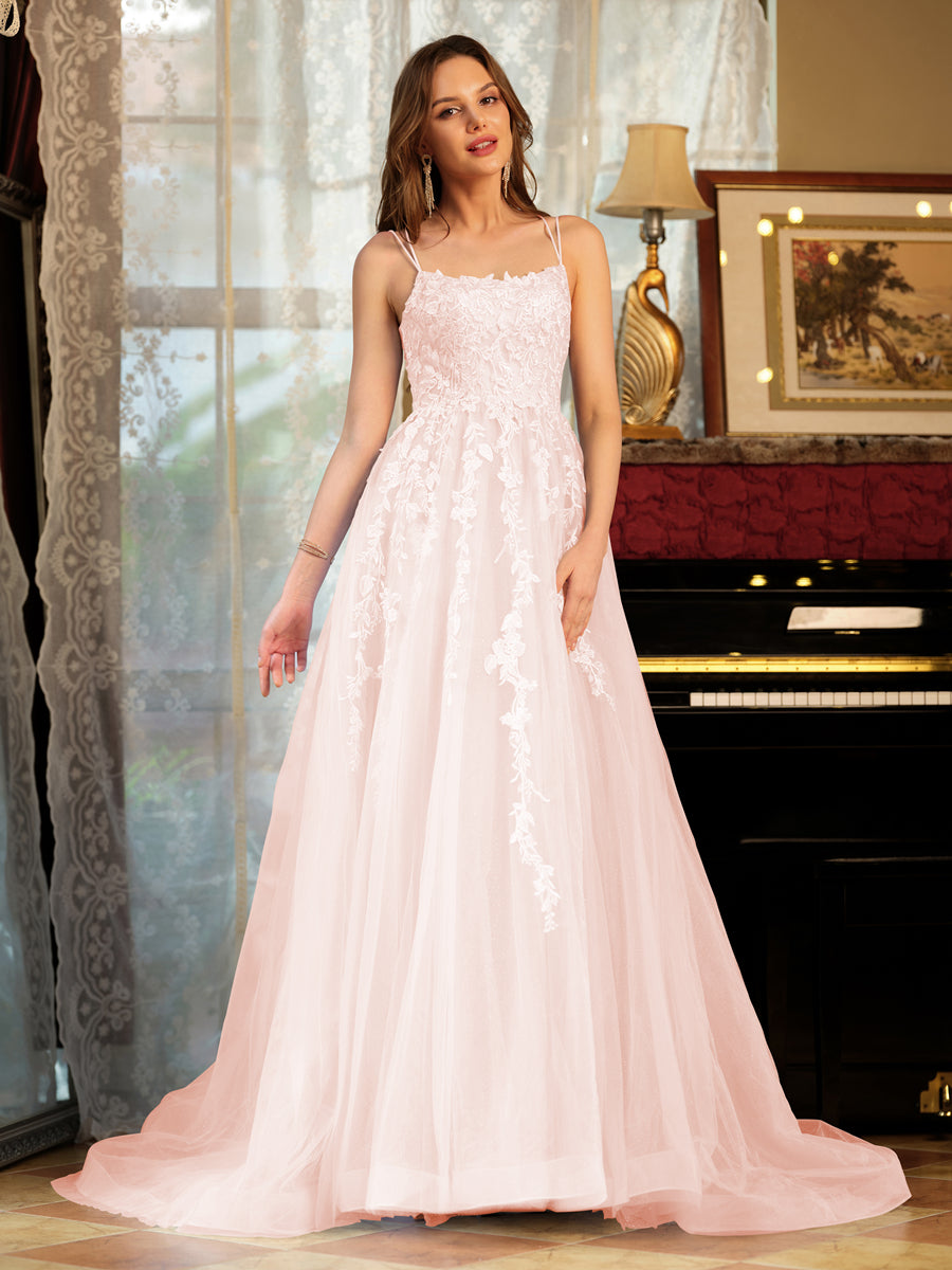A-Line/Princess Tulle Spaghetti Straps Applique Long Formal Dresses