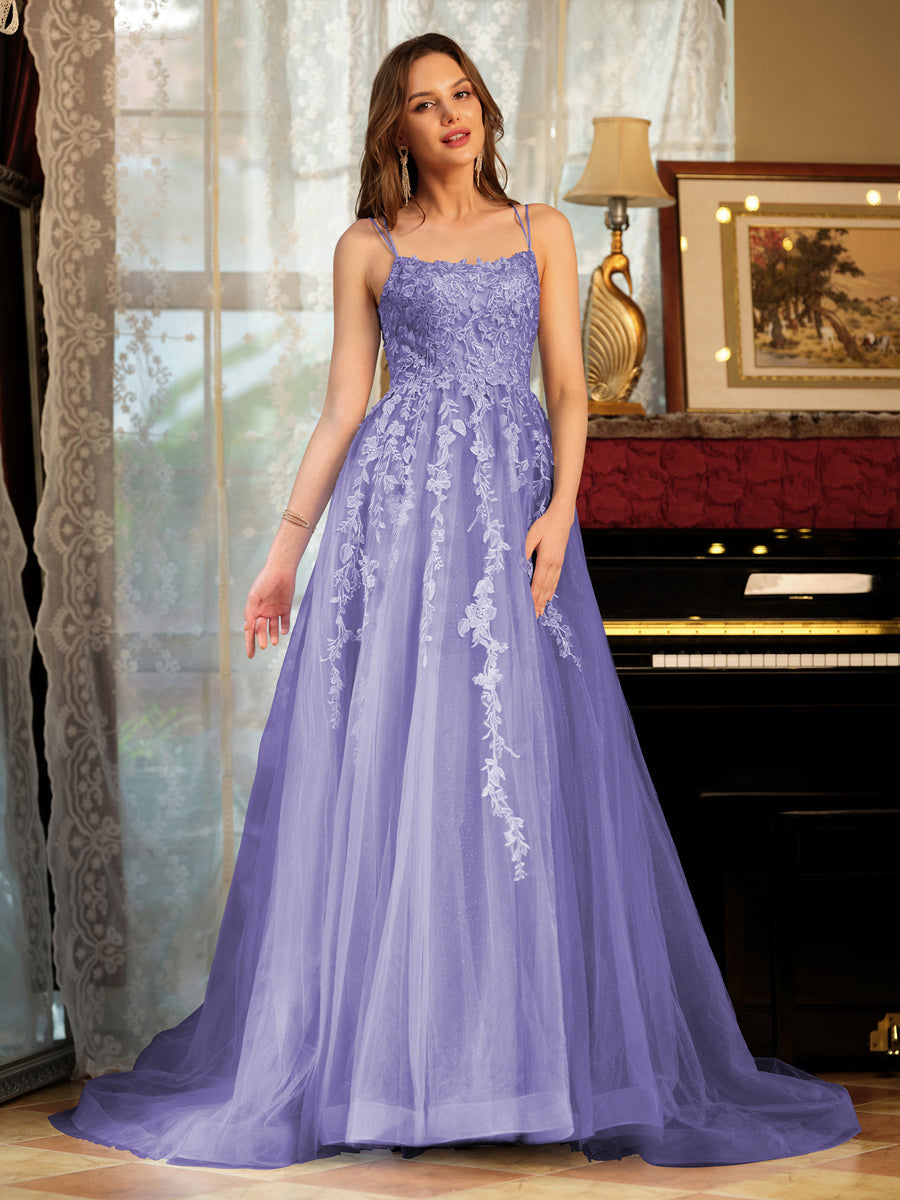 A-Line/Princess Tulle Spaghetti Straps Applique Long Formal Dresses