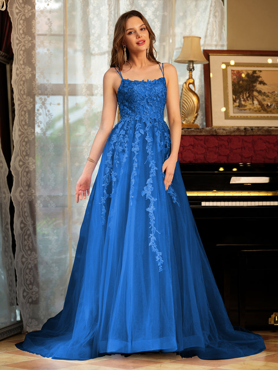 A-Line/Princess Tulle Spaghetti Straps Applique Long Formal Dresses