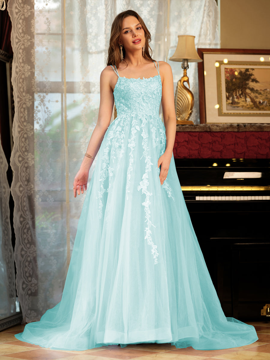 A-Line/Princess Tulle Spaghetti Straps Applique Long Formal Dresses
