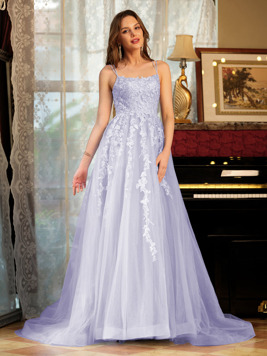 A-Line/Princess Tulle Spaghetti Straps Applique Long Formal Dresses