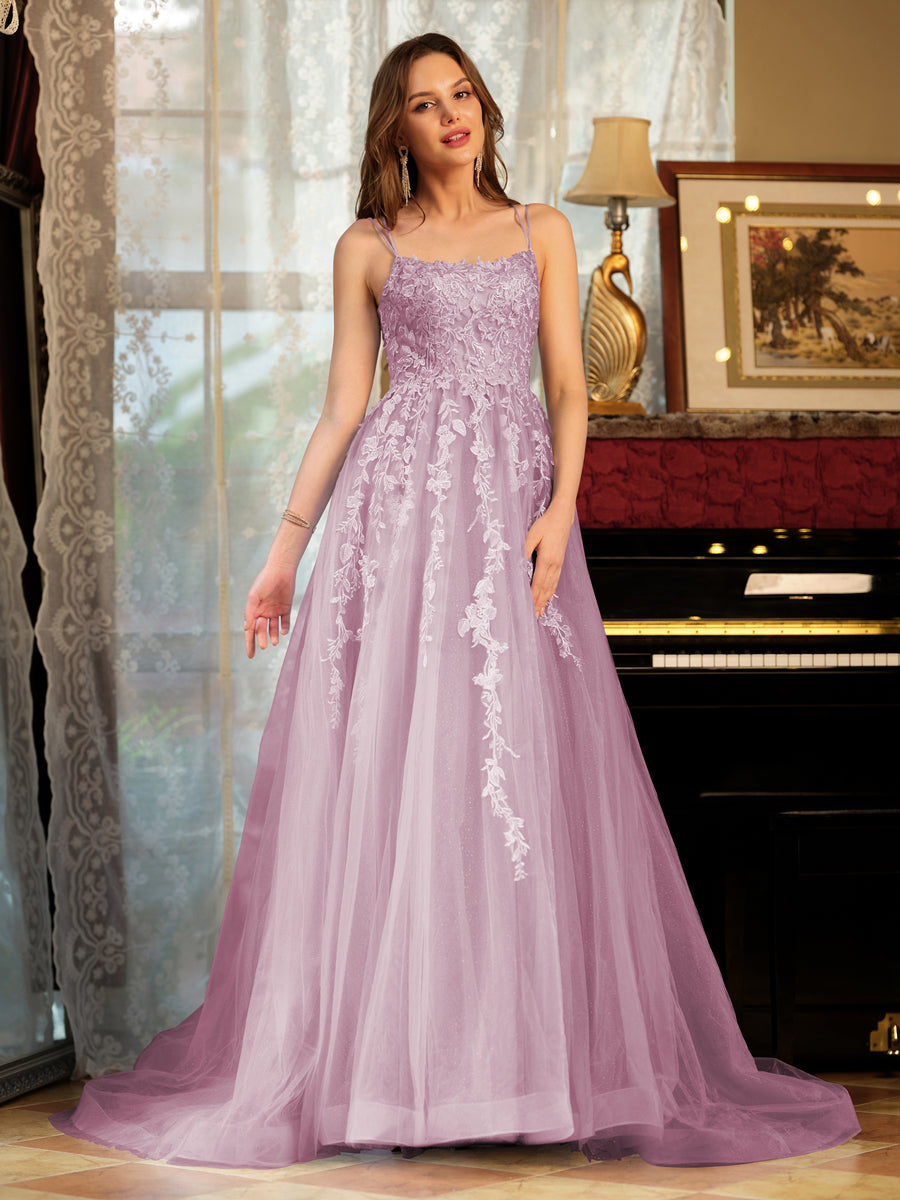 A-Line/Princess Tulle Spaghetti Straps Applique Long Formal Dresses