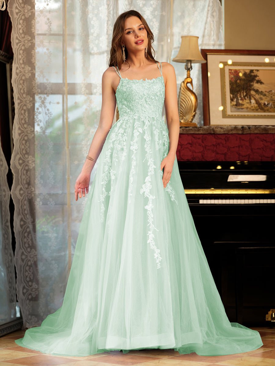 A-Line/Princess Tulle Spaghetti Straps Applique Long Formal Dresses