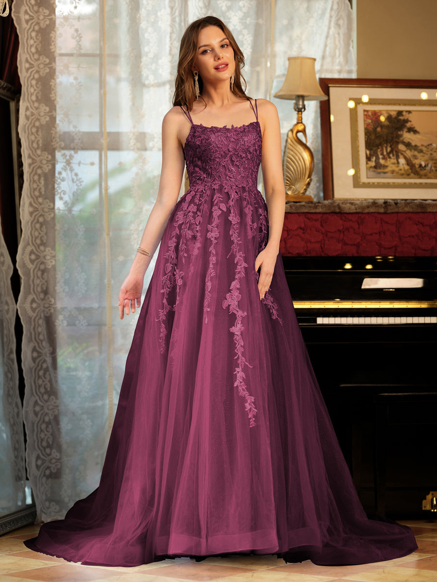 A-Line/Princess Tulle Spaghetti Straps Applique Long Formal Dresses