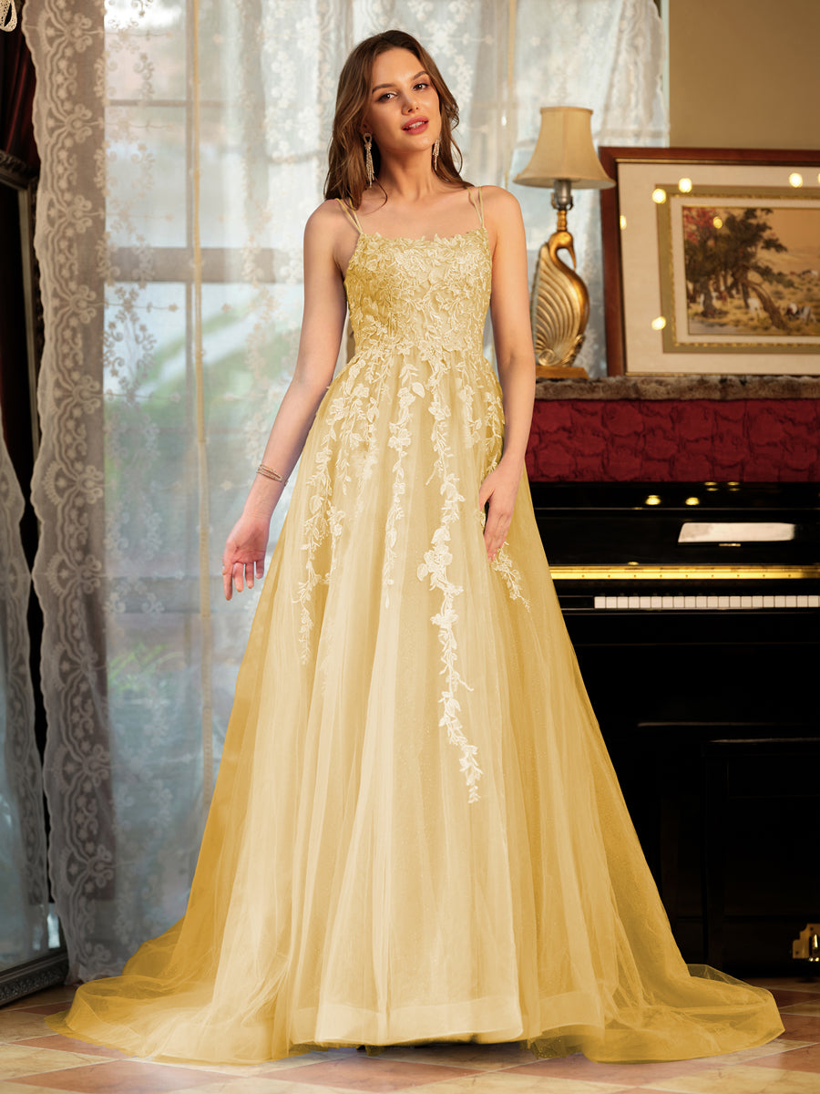 A-Line/Princess Tulle Spaghetti Straps Applique Long Formal Dresses