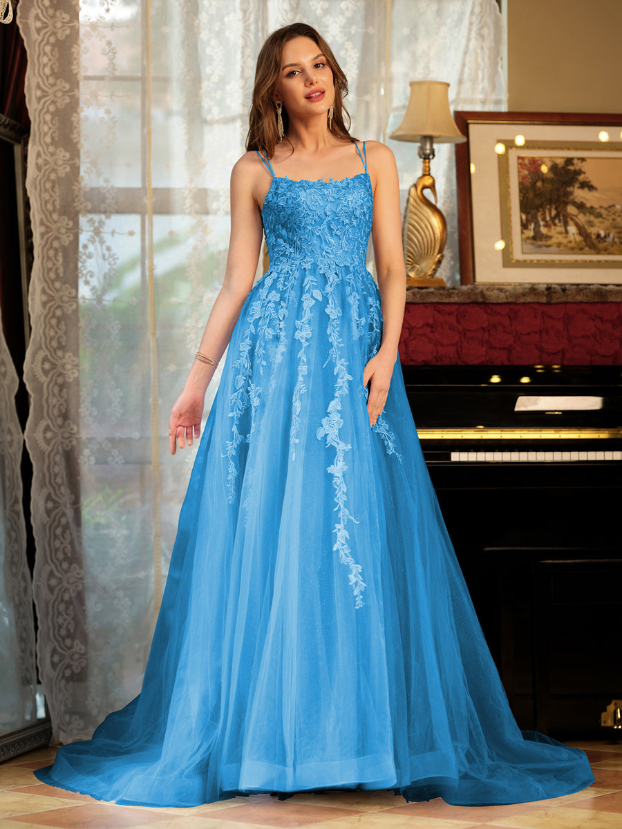 A-Line/Princess Tulle Spaghetti Straps Applique Long Formal Dresses