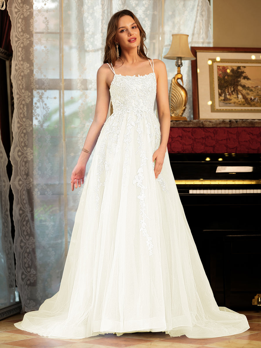 A-Line/Princess Tulle Spaghetti Straps Applique Long Formal Dresses
