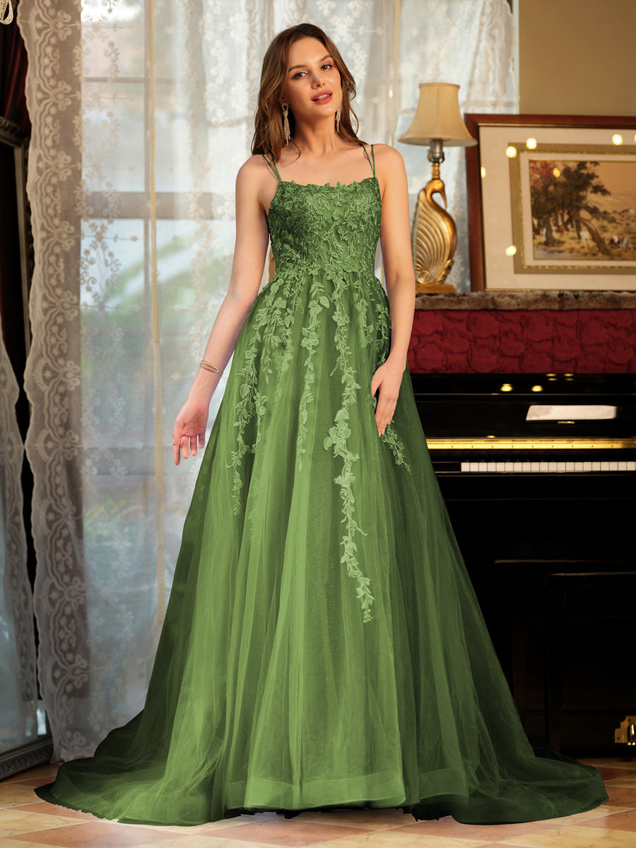 A-Line/Princess Tulle Spaghetti Straps Applique Long Formal Dresses