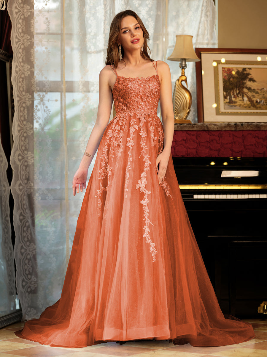 A-Line/Princess Tulle Spaghetti Straps Applique Long Formal Dresses