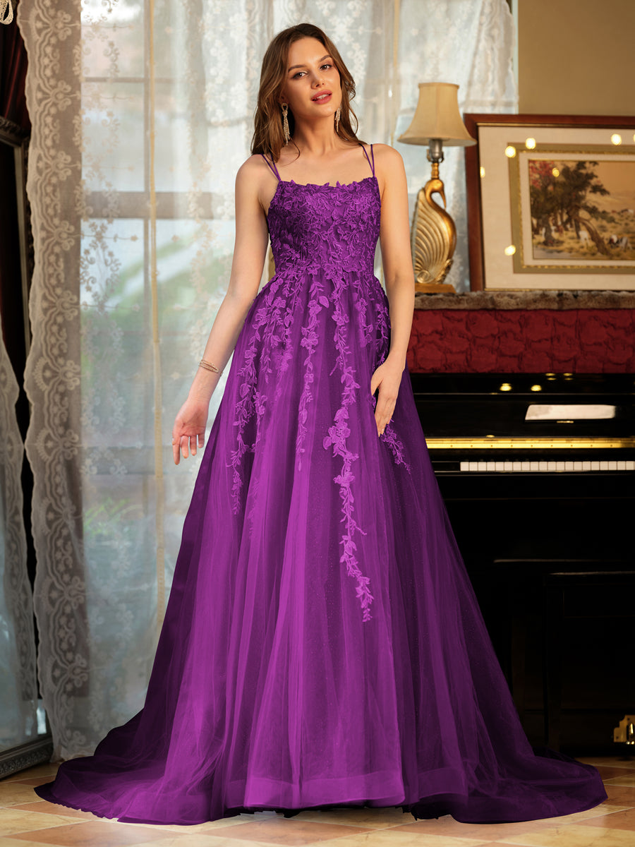 A-Line/Princess Tulle Spaghetti Straps Applique Long Formal Dresses