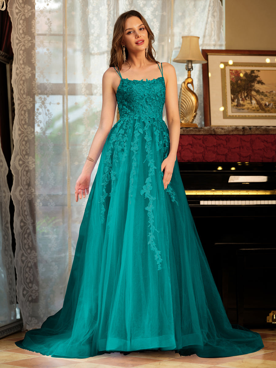 A-Line/Princess Tulle Spaghetti Straps Applique Long Formal Dresses