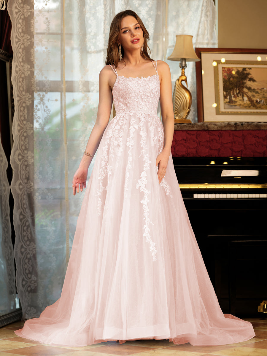 A-Line/Princess Tulle Spaghetti Straps Applique Long Formal Dresses