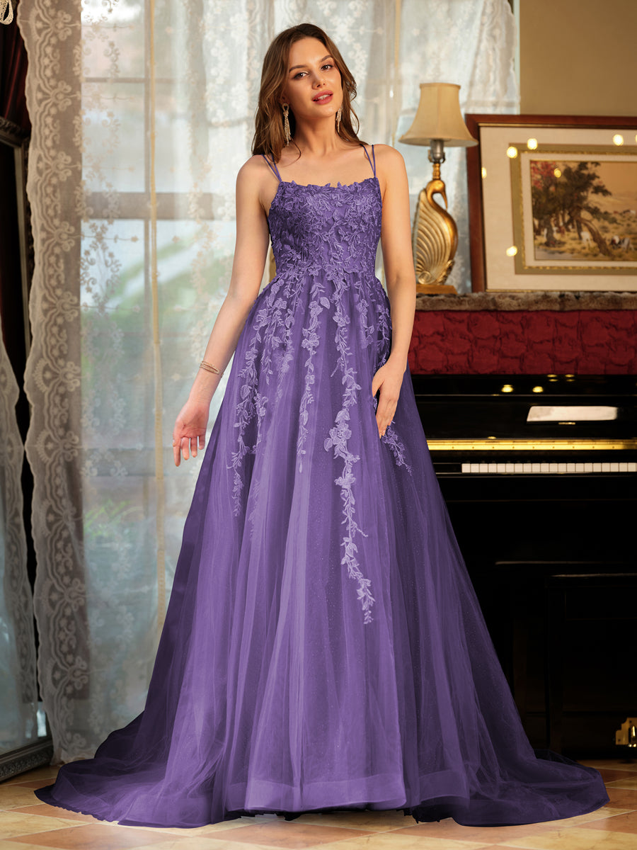 A-Line/Princess Tulle Spaghetti Straps Applique Long Formal Dresses