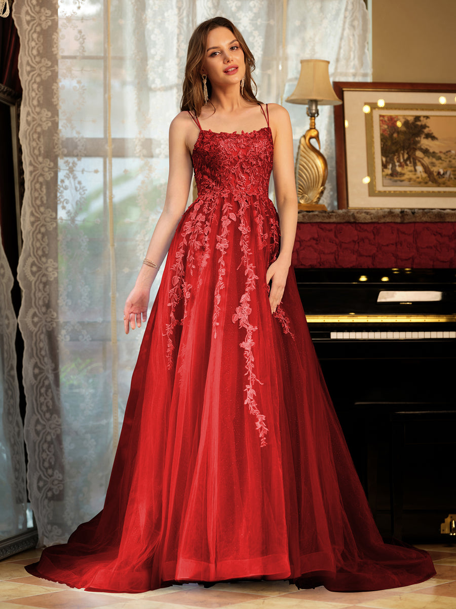 A-Line/Princess Tulle Spaghetti Straps Applique Long Formal Dresses