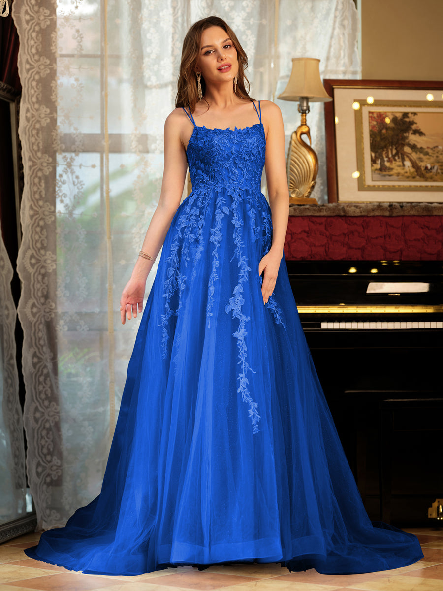 A-Line/Princess Tulle Spaghetti Straps Applique Long Formal Dresses