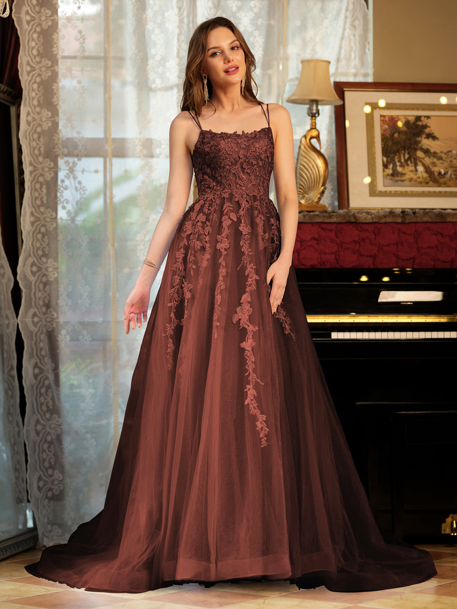 A-Line/Princess Tulle Spaghetti Straps Applique Long Formal Dresses