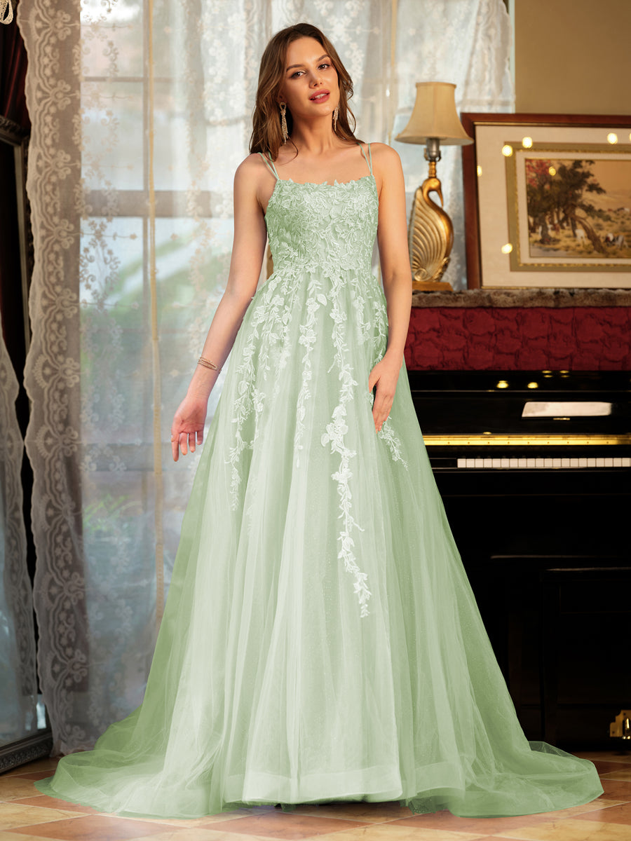 A-Line/Princess Tulle Spaghetti Straps Applique Long Formal Dresses