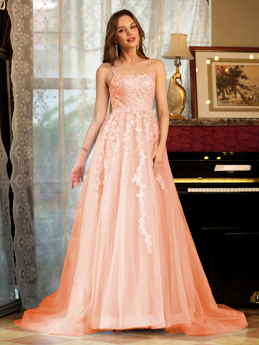 A-Line/Princess Tulle Spaghetti Straps Applique Long Formal Dresses