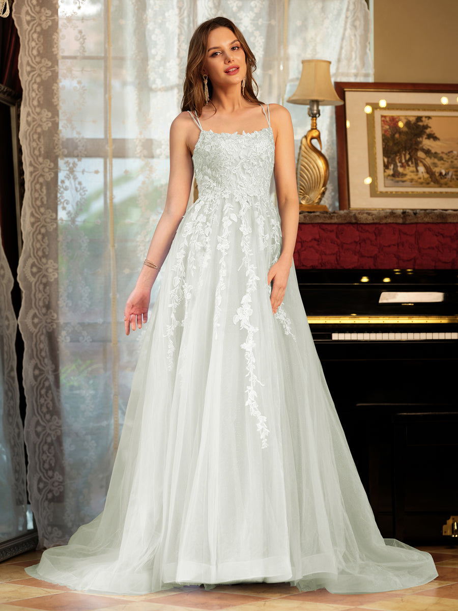 A-Line/Princess Tulle Spaghetti Straps Applique Long Formal Dresses