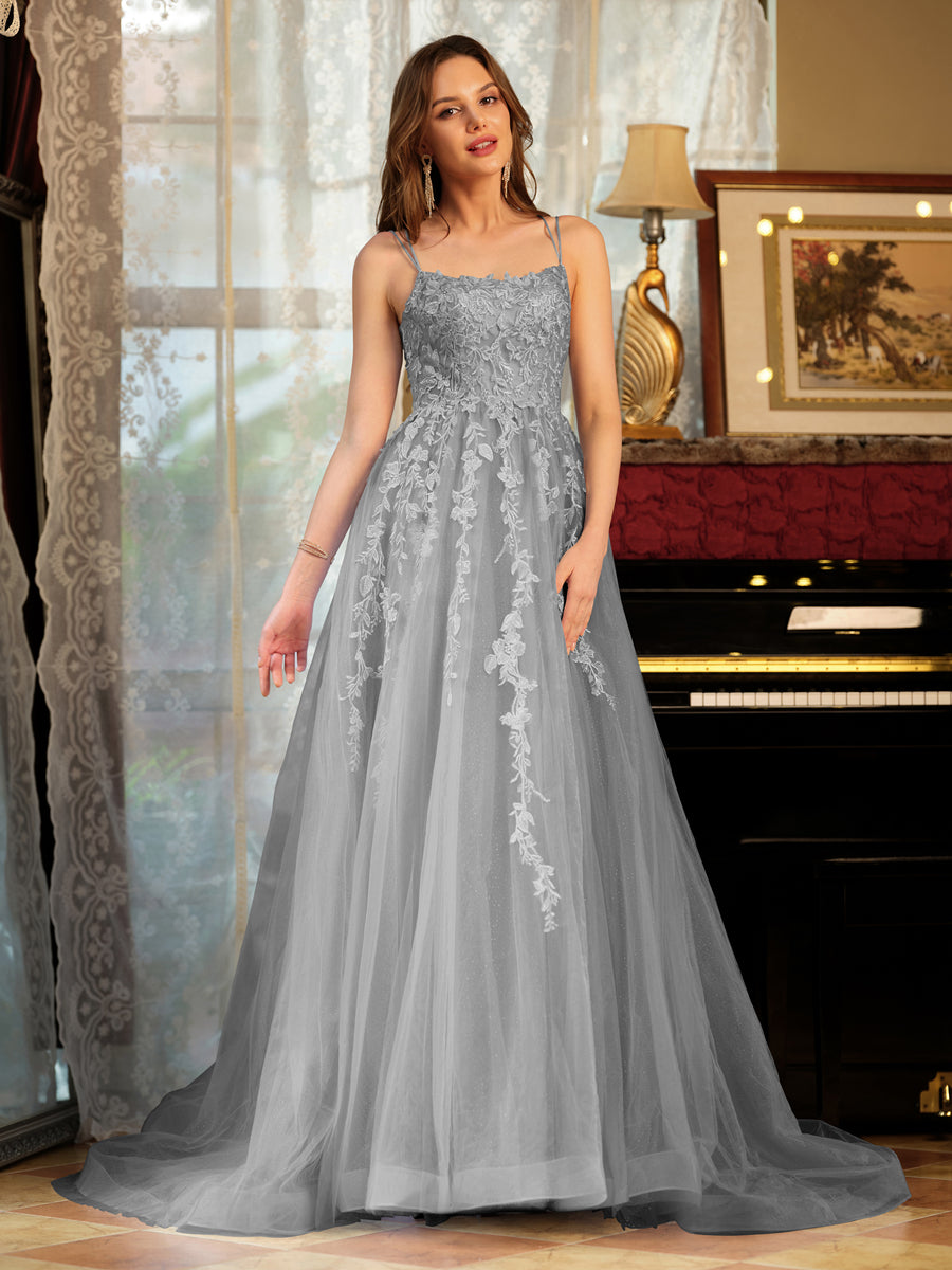A-Line/Princess Tulle Spaghetti Straps Applique Long Formal Dresses