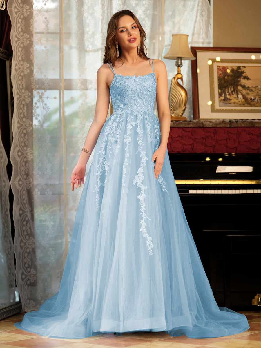 A-Line/Princess Tulle Spaghetti Straps Applique Long Formal Dresses