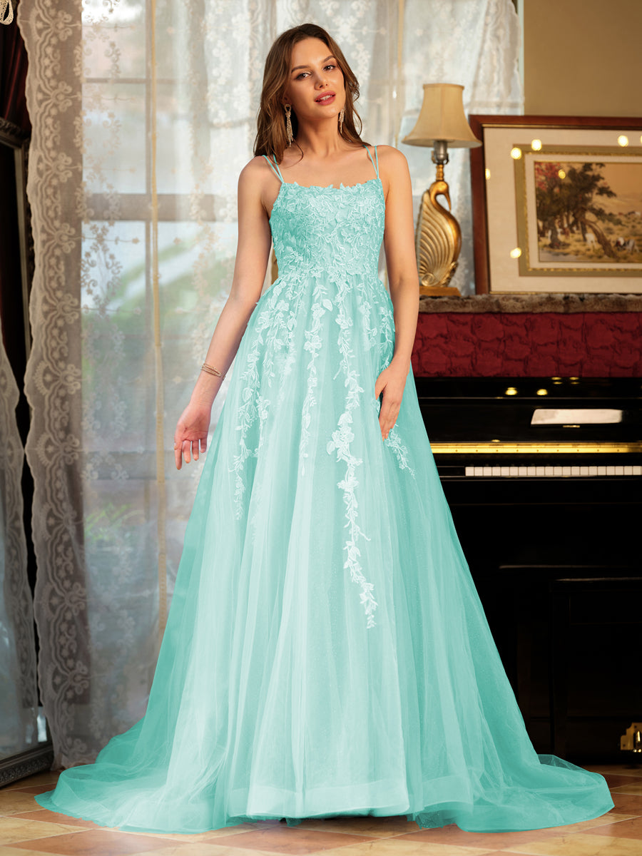 A-Line/Princess Tulle Spaghetti Straps Applique Long Formal Dresses