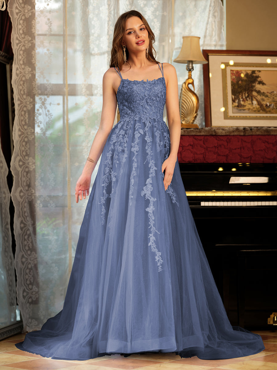 A-Line/Princess Tulle Spaghetti Straps Applique Long Formal Dresses